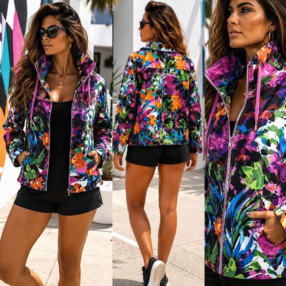 Y2K Jockey L Retro Tropical Floral Zip Jacket Coastal Vacation Bold Lightweight